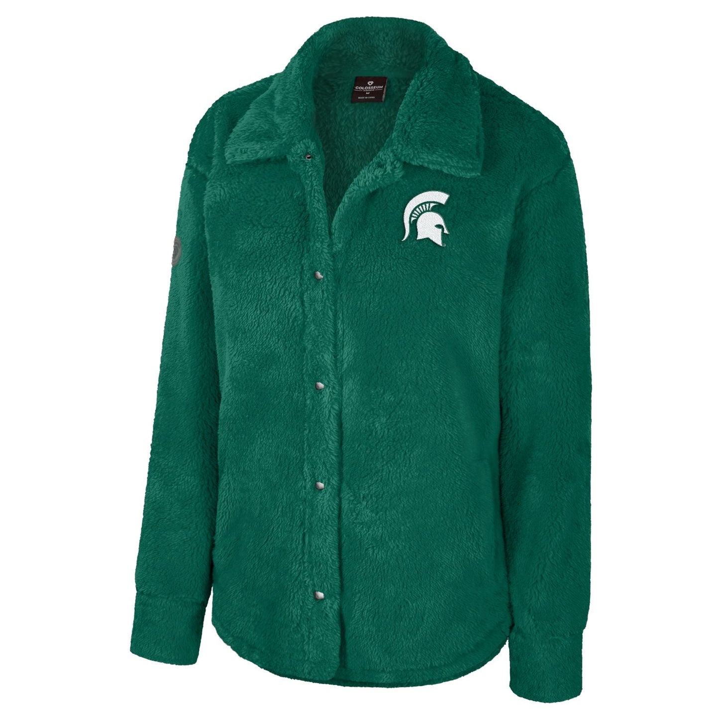 A green sherpa button-up with an embroidered white Spartan Helmet logo in the upper left chest.