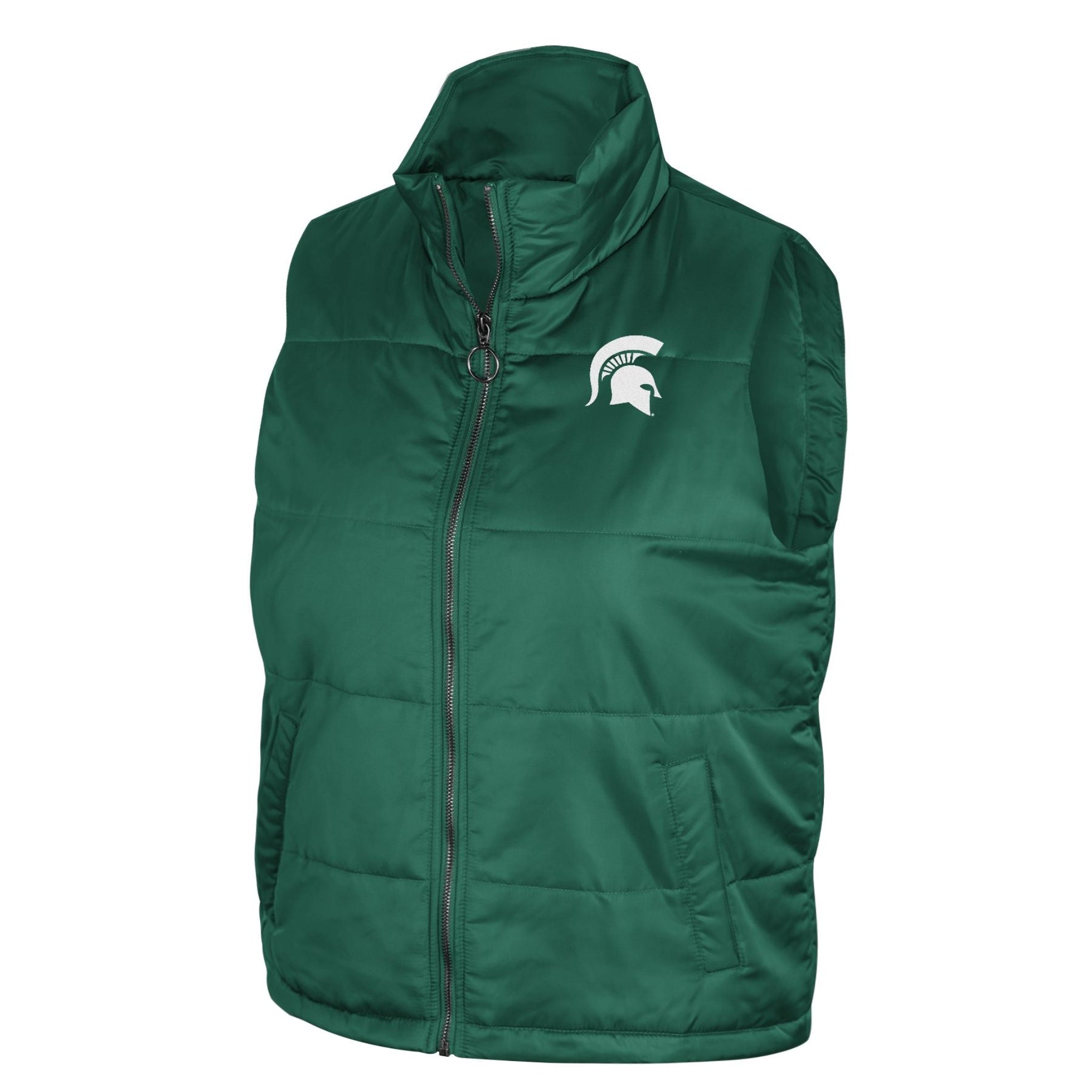 Green puffer vest with a white printed Spartan logo on the left upper chest.