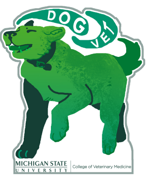 A sticker of a green dog frolicking with the words "Dog Vet" in green above it. The Michigan State University College of Veterinary Medicine signature logo is at the bottom of the sticker.