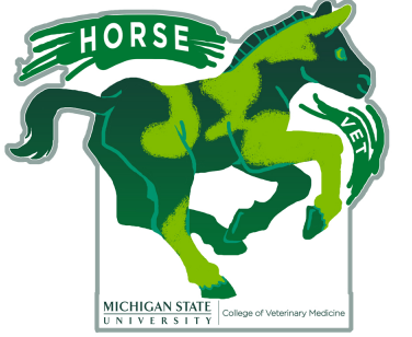 A sticker with a green galloping horse. Above the horse reads the word "Horse Vet". Below the horse is the Michigan State University College of Veterinary Medicine signature logo.