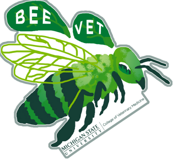 A sticker of a green bumblebee. Above the bee is the text "Bee Vet". Below the bee is the Michigan State University College of Veterinary Medicine signature logo.