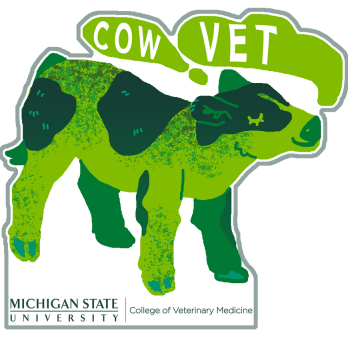 A sticker of a green cow. Above the cow is the text "Cow Vet". Underneath the cow is the Michigan State University College of Veterinary Medicine signature logo.