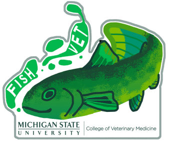 A sticker of a green fish. To the left and above the fish are the words "Fish Vet". Underneath the fish is the Michigan State University College of Veterinary Medicine signature logo.