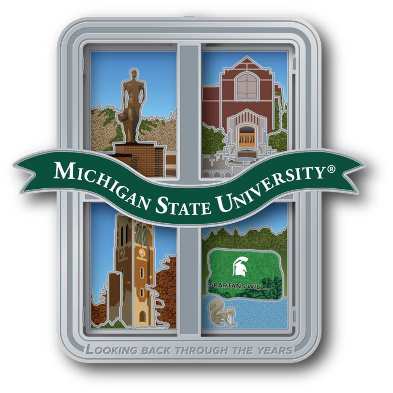 Collectable ornament. Michigan State University emblem on a green banner and various campus icons with a "Looking back through the years" wordmark at the bottom of the ornament.