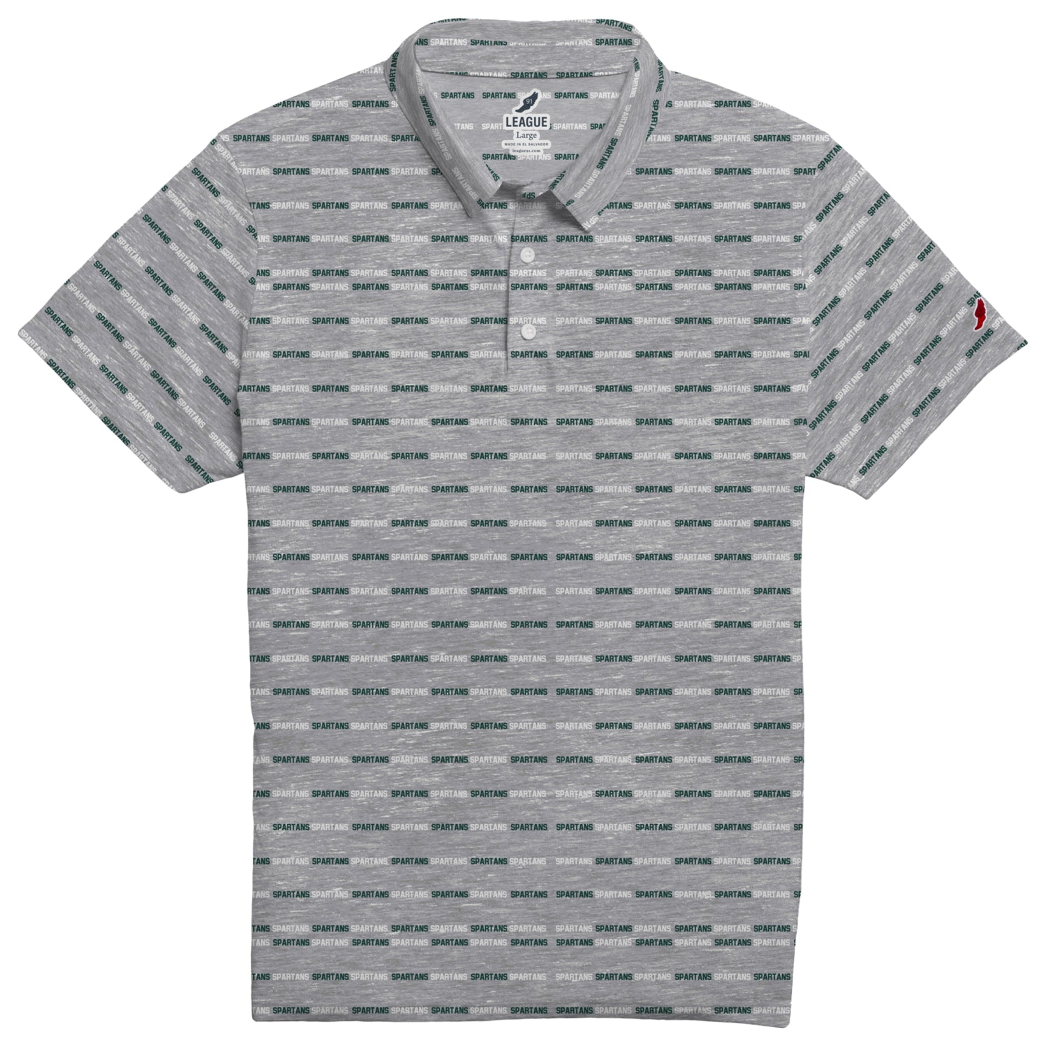 A gray polo with the word "Spartans" repeated in a pattern in green and white.