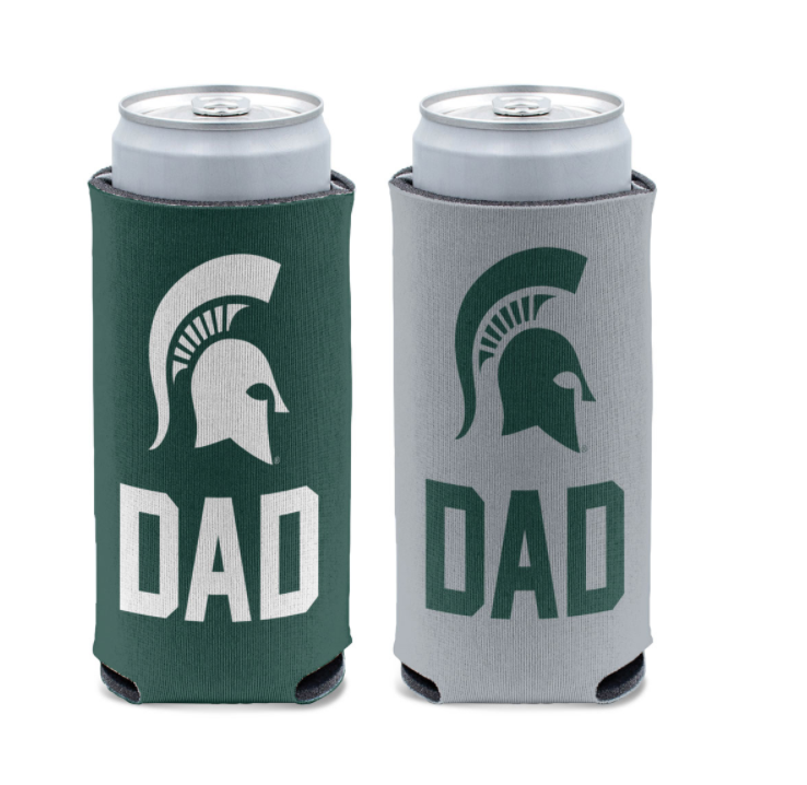 A two sided can cooler. One side is green with a white Spartan helmet and the word 'DAD.' Other side is gray with a green Spartan helmet and the word 'DAD.'