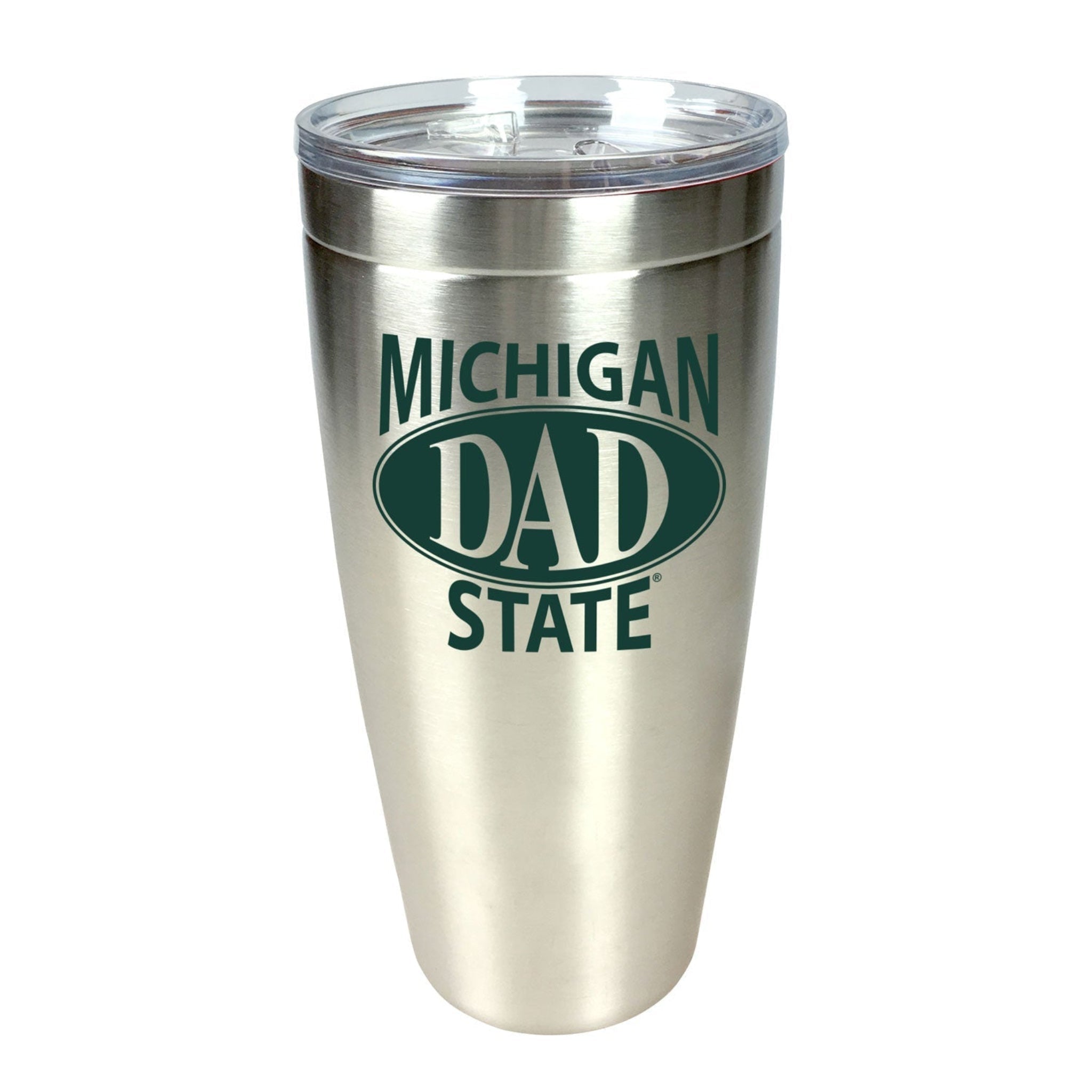 A silver stainless steel 30 oz. travel mug with 'Michigan Dad State' imprinted on it.