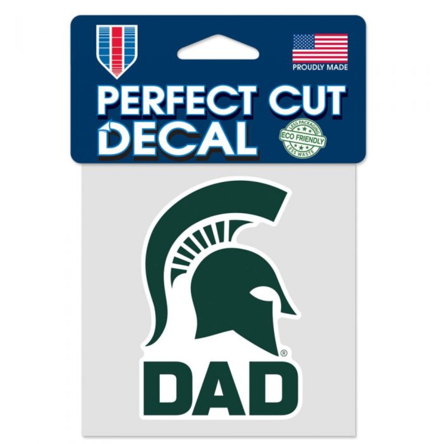 A decal with a green Spartan Helmet and the word "Dad" underneath.