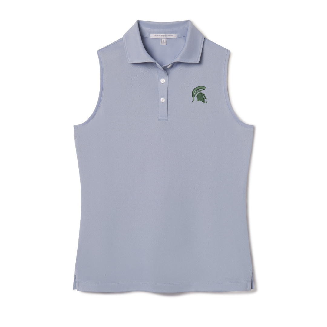 Light blue sleeveless polo shirt with an embroidered green Spartan helmet logo on the left upper chest and three white buttons. Shown on a white background.