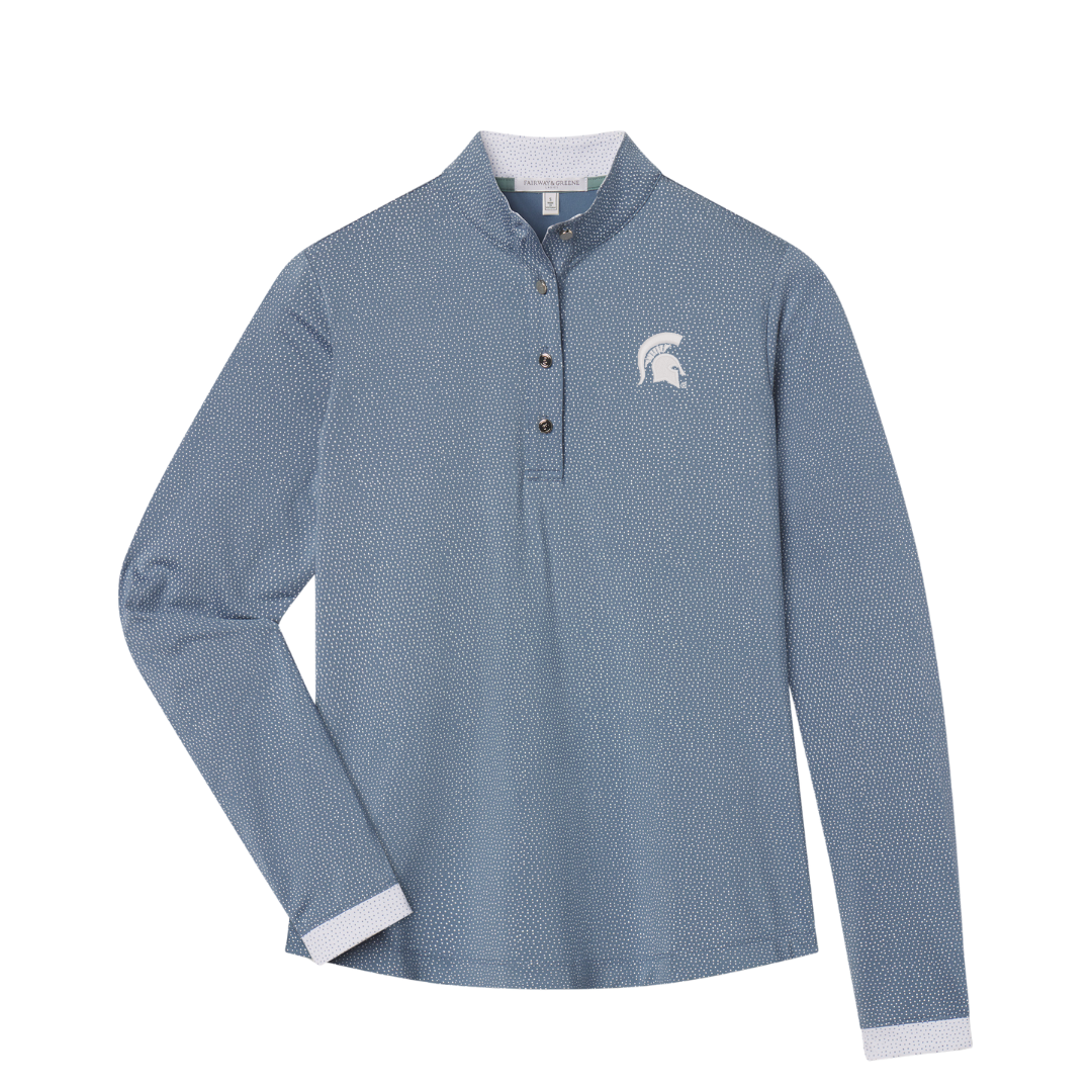 Blue long-sleeve button-up shirt with white polka dots and a white Spartan helmet logo printed on the left upper chest. Shown on a white background.