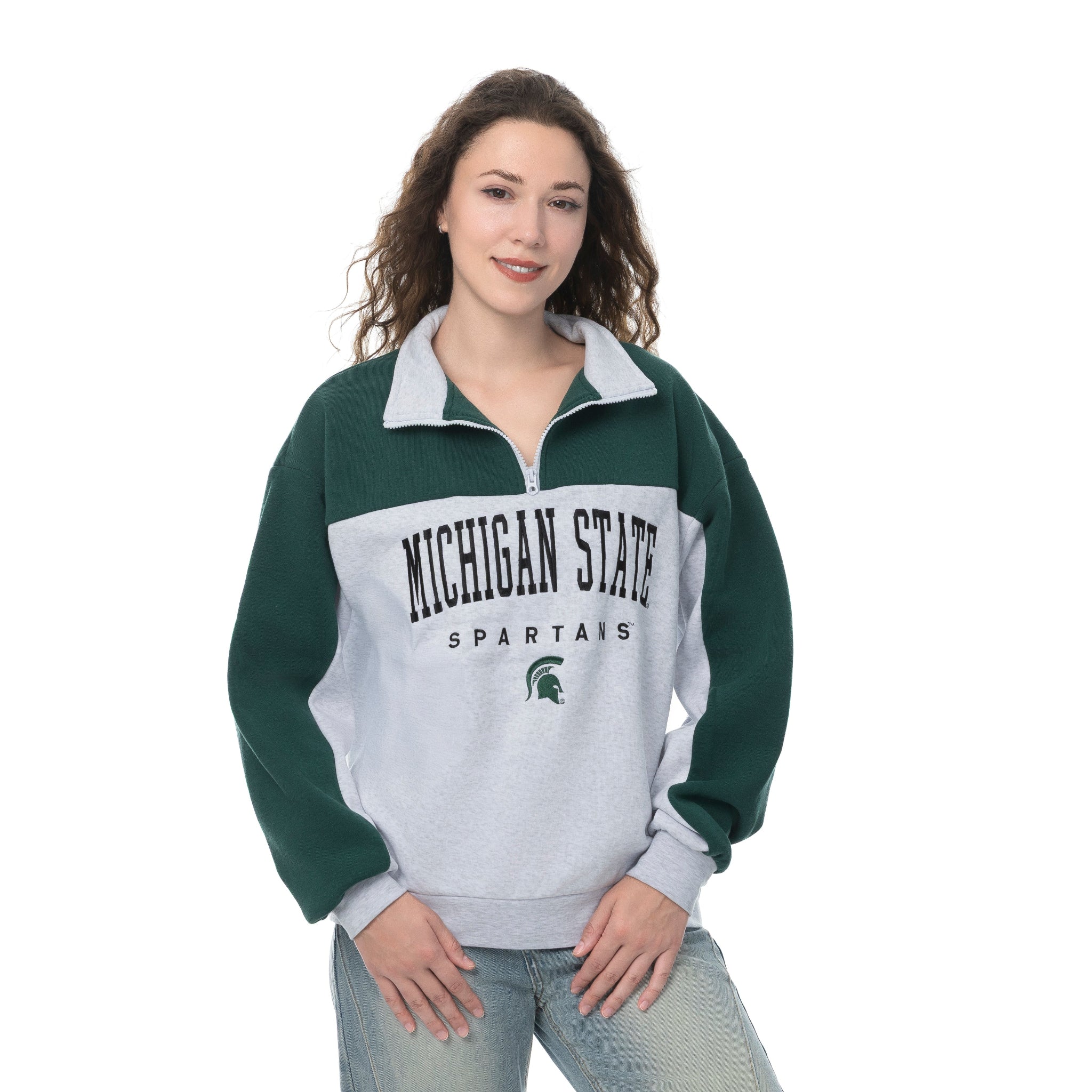 Gray and green Michigan State Spartans sweatshirt with 'MICHIGAN STATE' in large black letters and 'SPARTANS' in smaller black letters below, featuring a small green Spartan helmet logo.