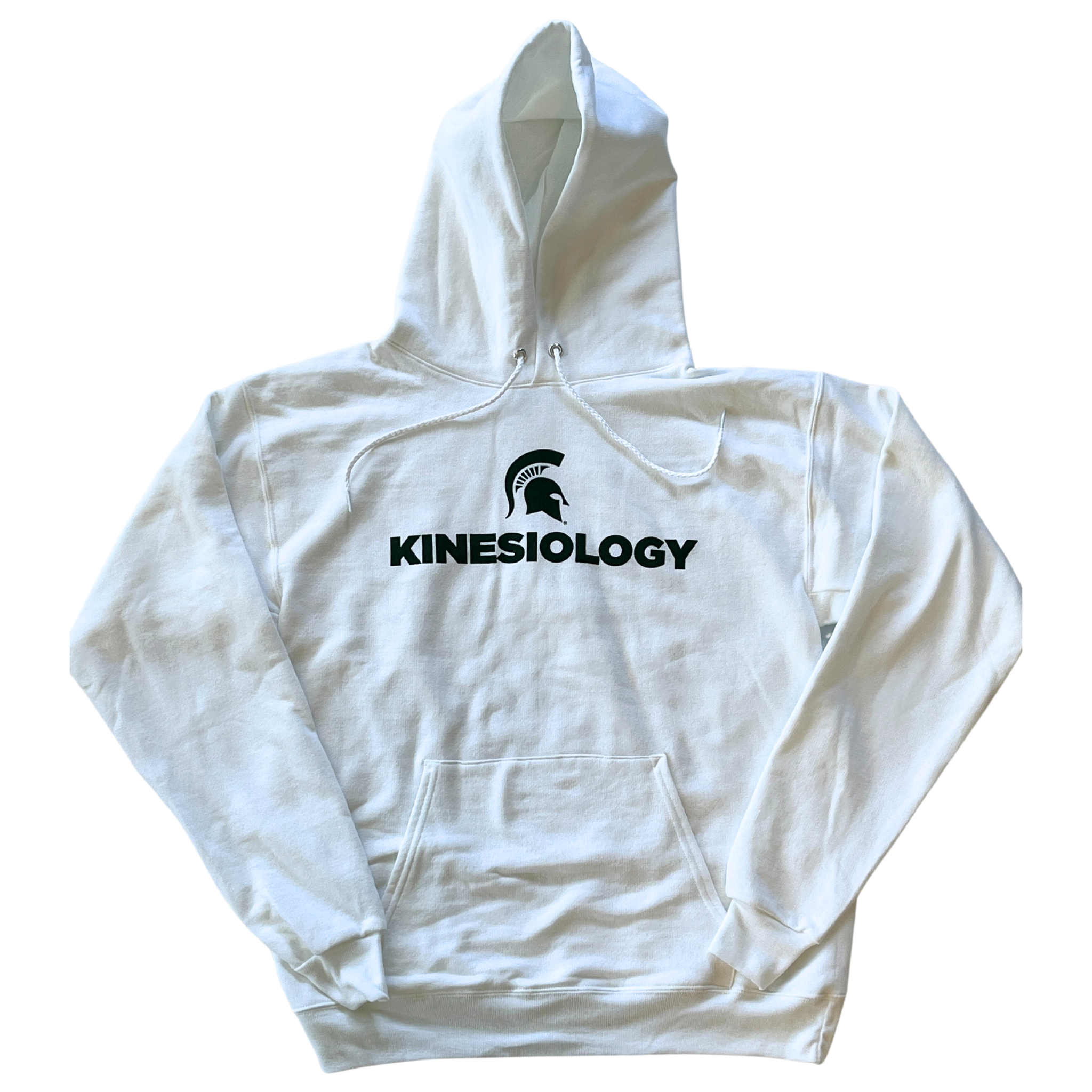 White hooded sweatshirt with green text that reads "Kinesiology" with a green Spartan helmet above the text. Sweatshirt has a large pocket on the front and draw strings on the hood.