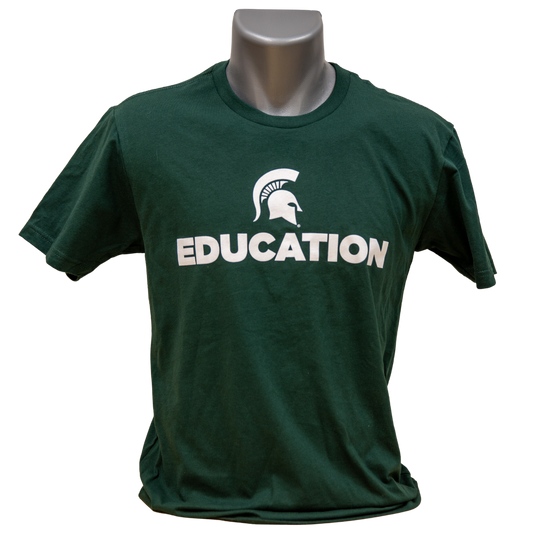 Forest green short-sleeve women's crewneck T-shirt with a white Spartan Helmet logo above text reading "Education" in all caps. Shown on a mannequin.