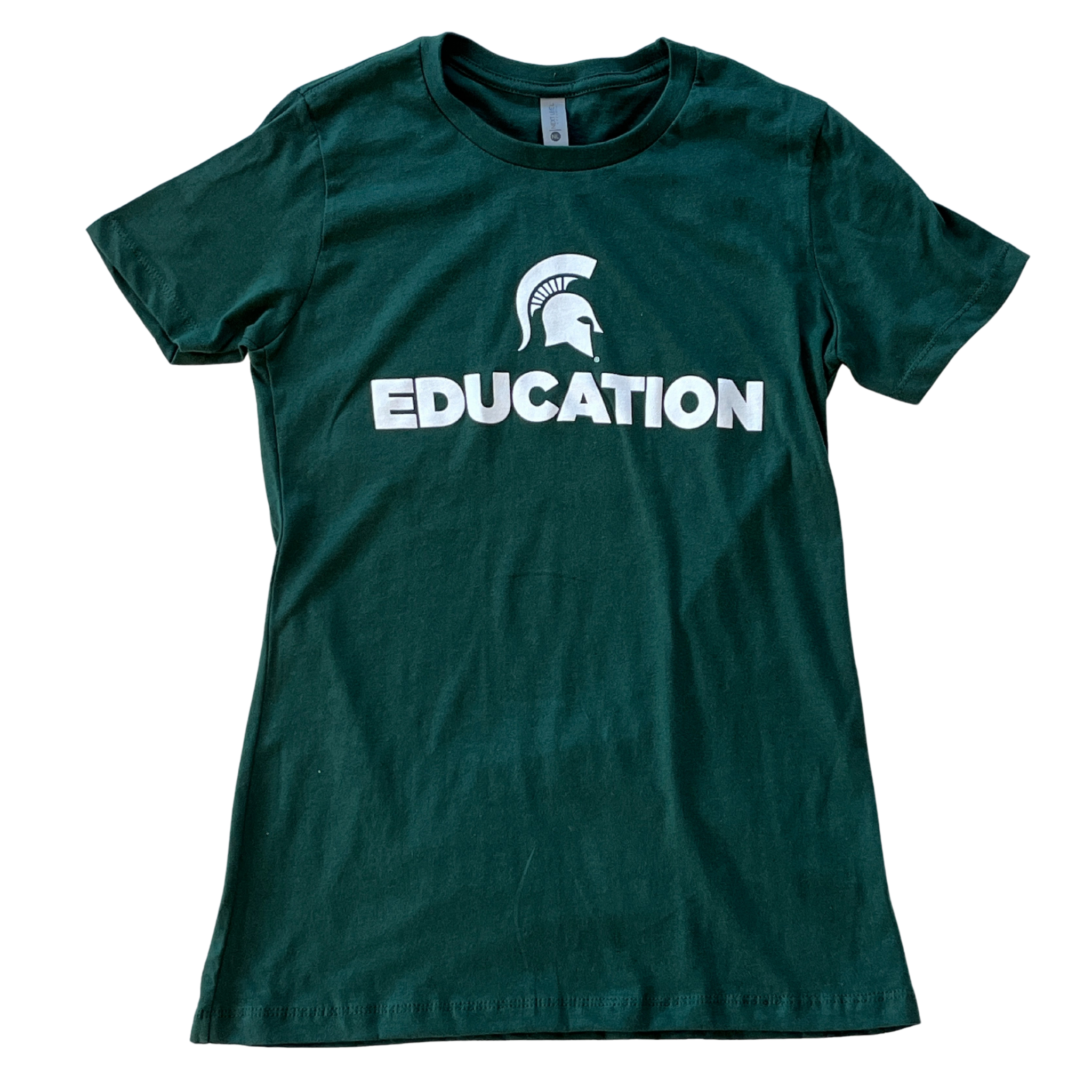 Forest green short-sleeve women's crewneck t-shirt with a white Spartan helmet over text reading education in all caps.