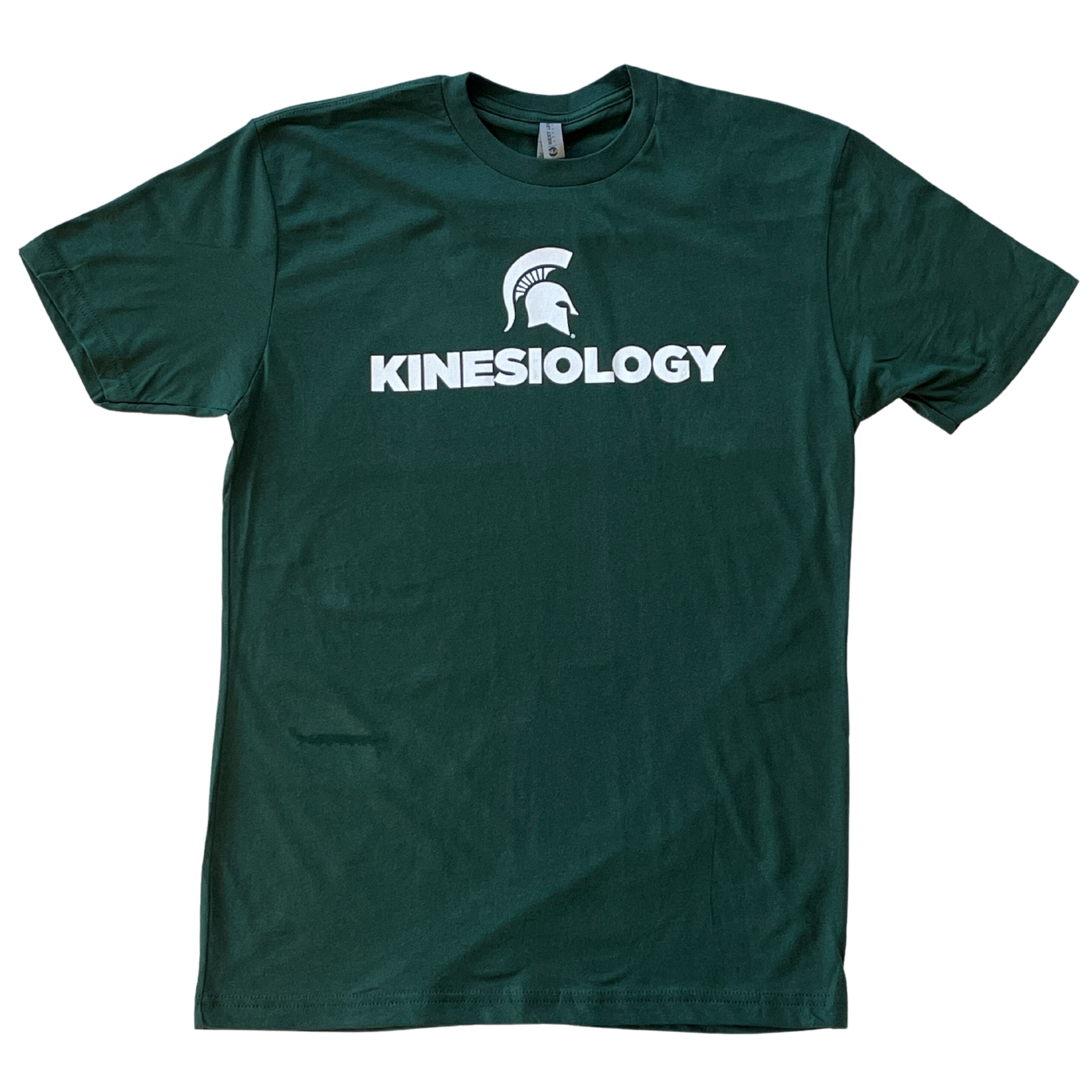 Forest green short-sleeve unisex crewneck t-shirt with a white Spartan helmet over text reading kinesiology in all caps.