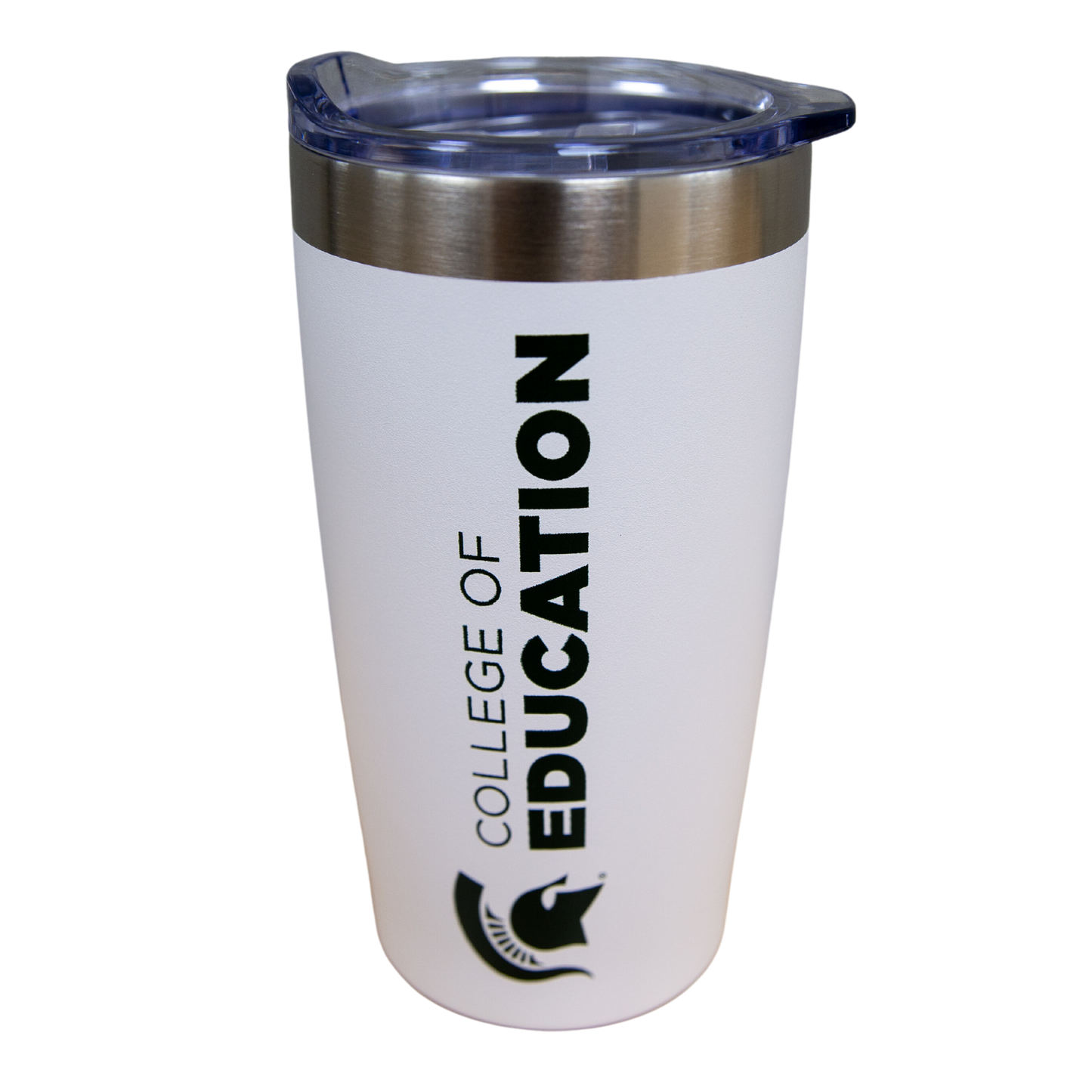 White tumbler with the Spartan Helmet logo and College of Education logo printed vertically in green. The top of the tumbler is silver with a clear plastic sip lid.