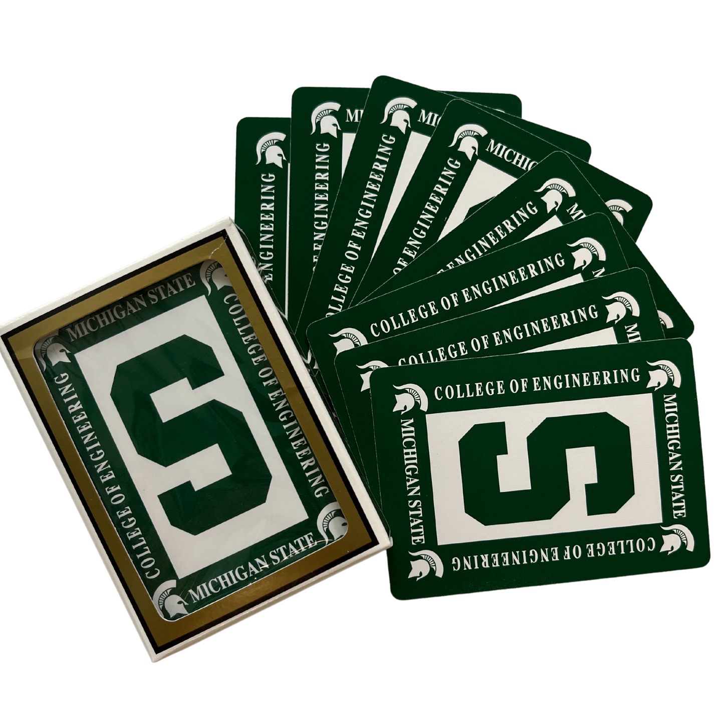 Green-backed playing cards that have a white rectangle in the center with a Spartan S. Around the rectangle are four Spartan Helmet logos and text reading "Michigan State College of Engineering."