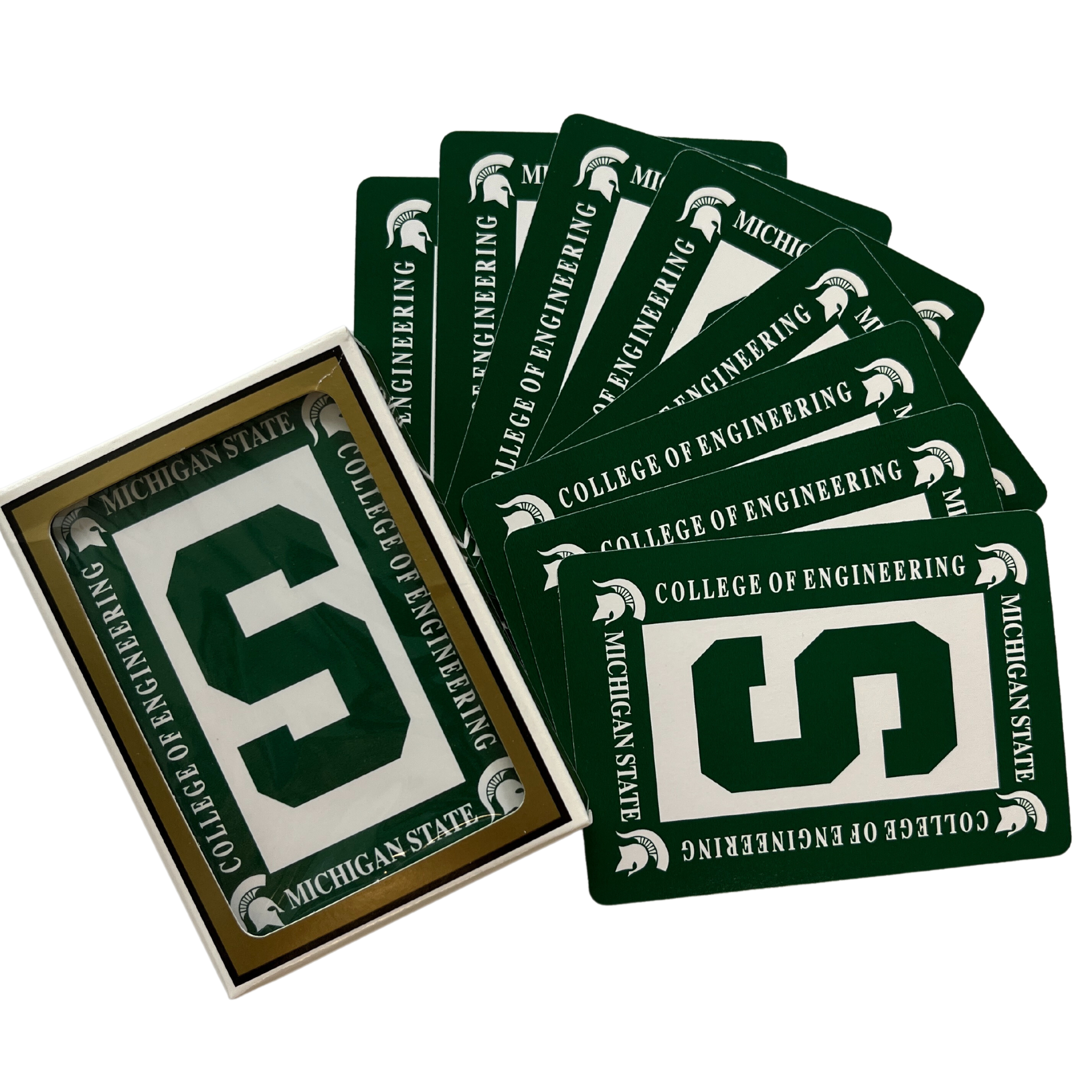 Green-backed playing cards that have a white rectangle in the center with a cutout block S. Around the rectangle are four Spartan helmets and text reading Michigan State College of Engineering.