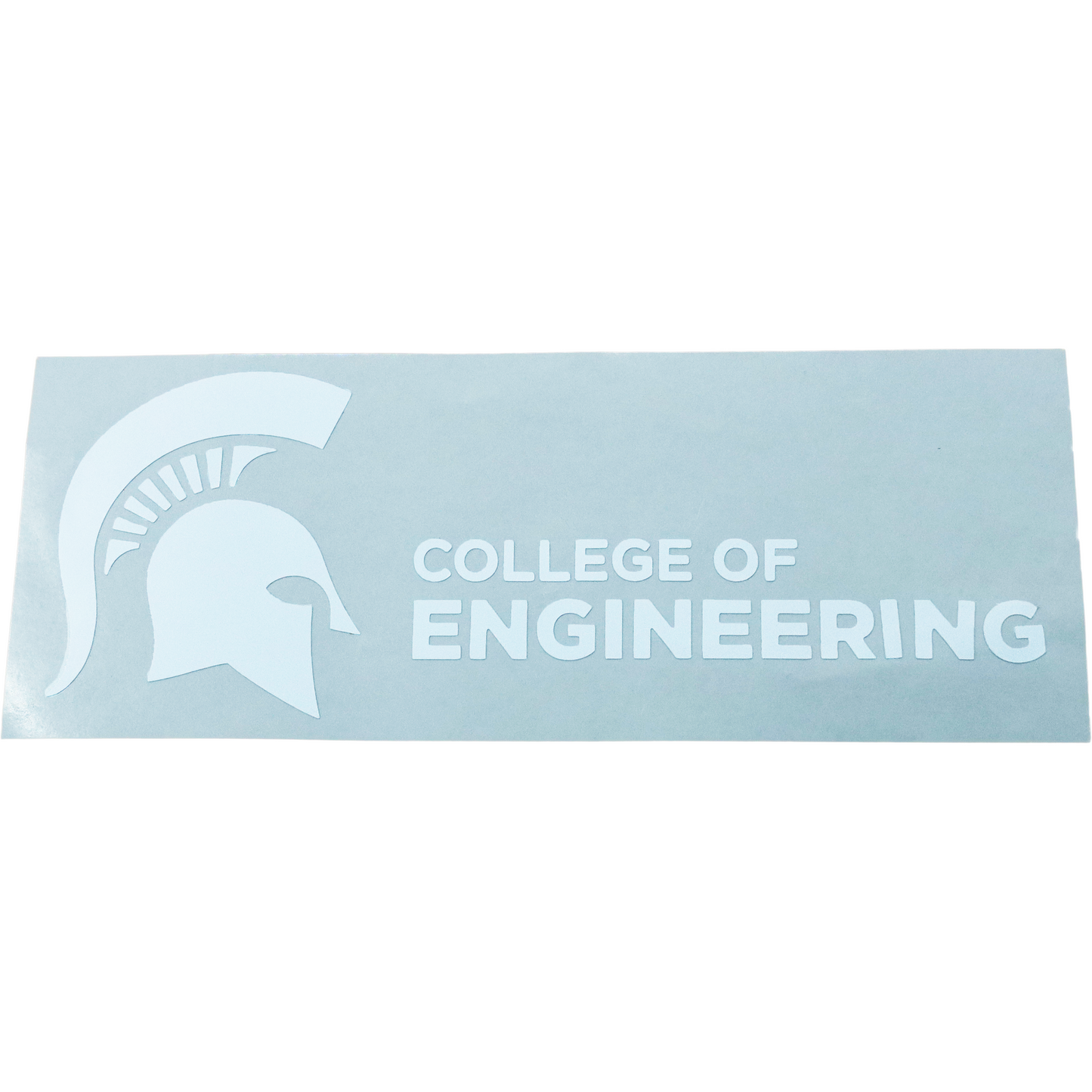 Green vinyl decal with white Spartan Helmet on left side and College of Engineering in white on lower right side.