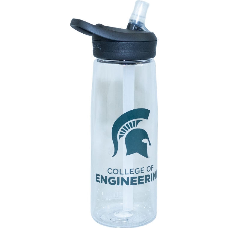 Clear water bottle with a dark green Spartan helmet in the center, with block text reading "College of Engineering" underneath. Cap is black with a loop handle and a flip-top clear bite valve