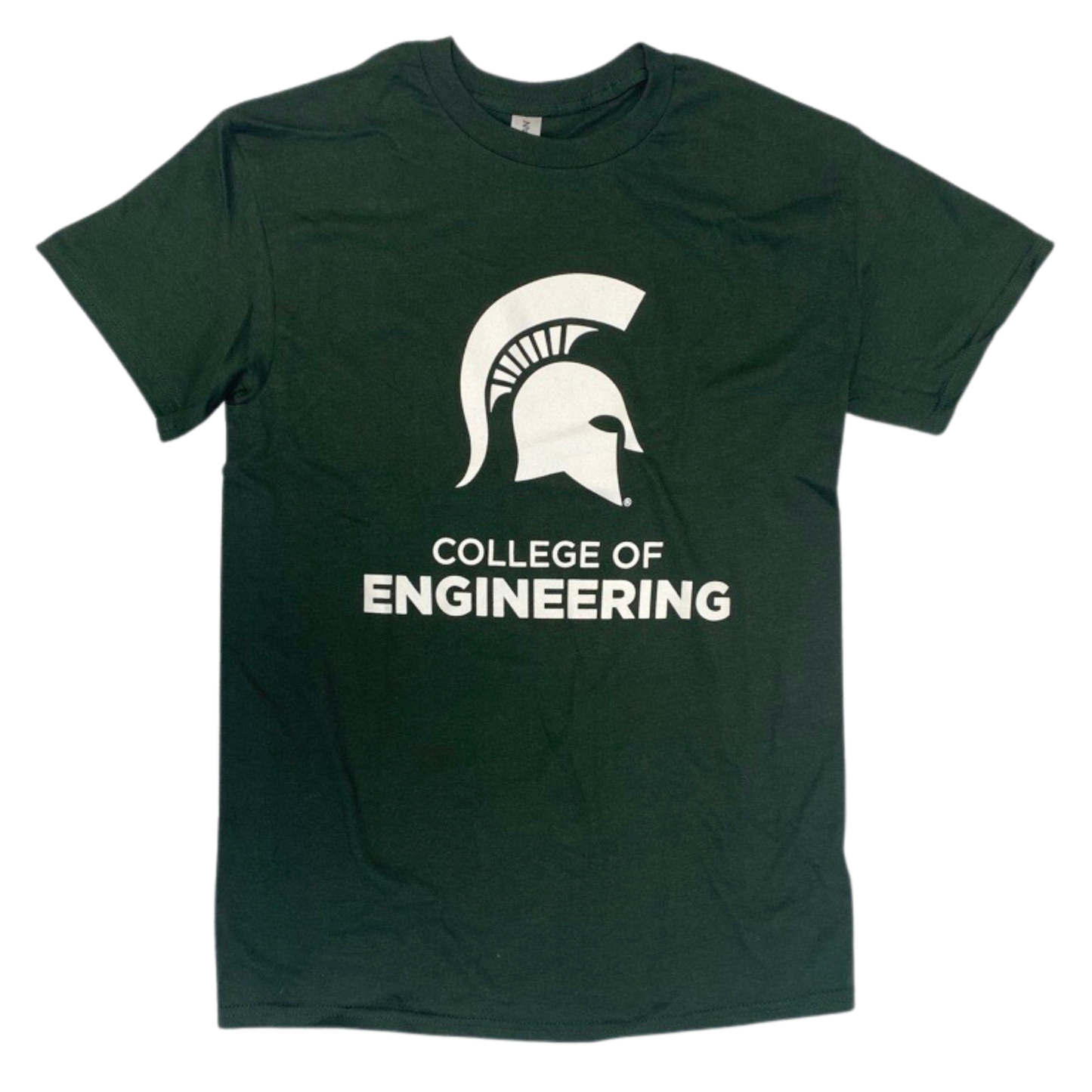 Dark green T-shirt with a white Spartan Helmet logo and white block text reading "College of Engineering" printed on center front.