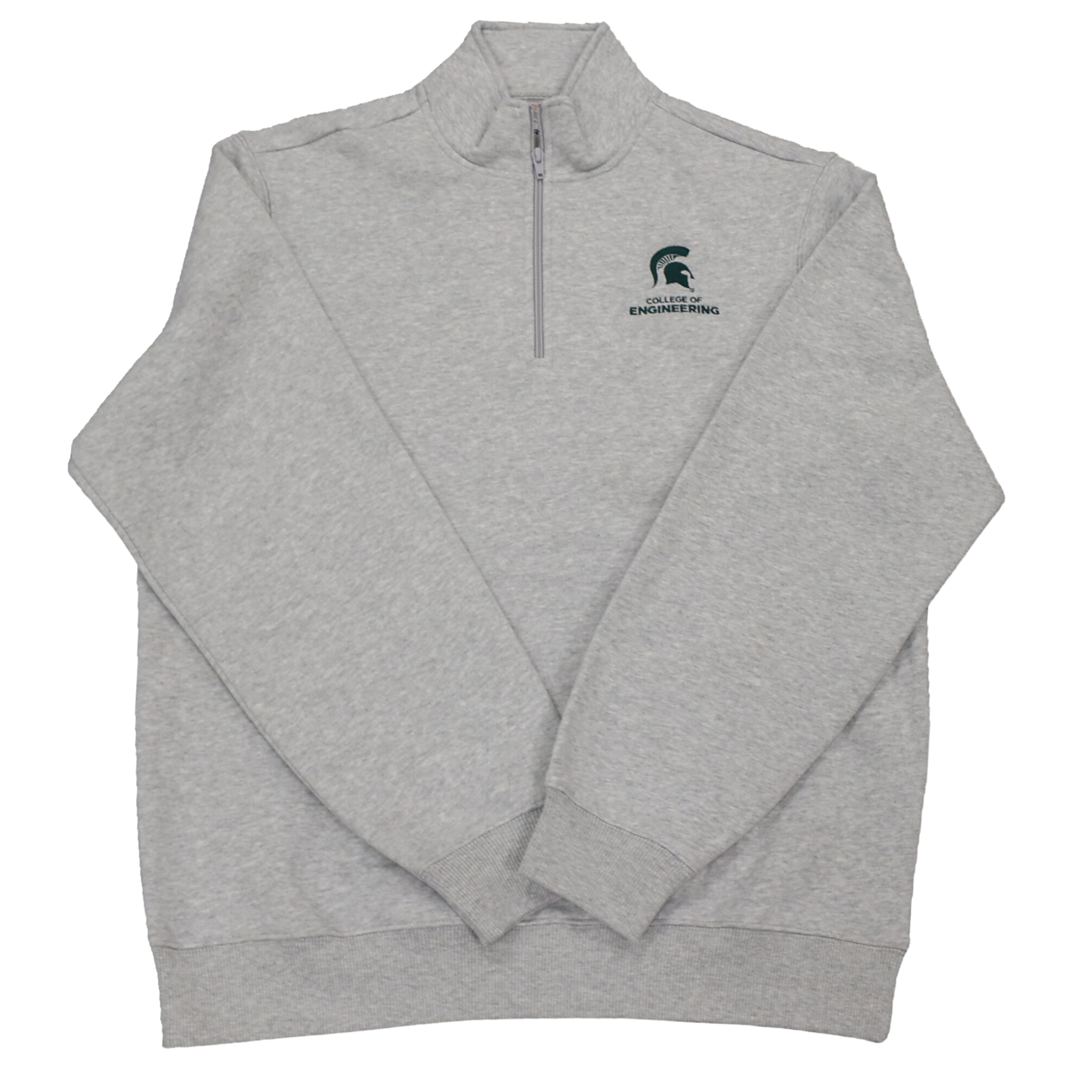 A heather gray quarter zip sweatshirt. On the right chest is a green MSU spartan helmet logo with "College of Engineering" written underneath