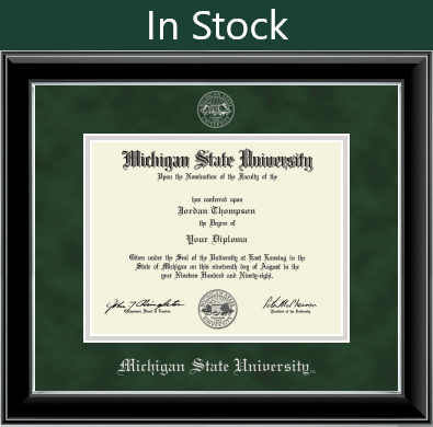 Framed diploma from Michigan State University with placeholder text. This Embossed Onyx frame features the Michigan State University seal at the top and "Michigan State University" embossed in silver along the bottom of the green suede matting.