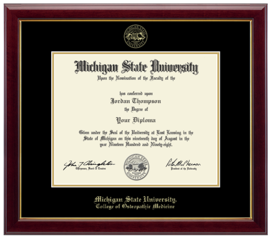 The diploma is enclosed in a dark wood frame with a black matte and gold trim. 'Michigan State University' is printed in gold lettering at the bottom center of the frame. Below in gold lettering 'College of Osteopathic Medicine'