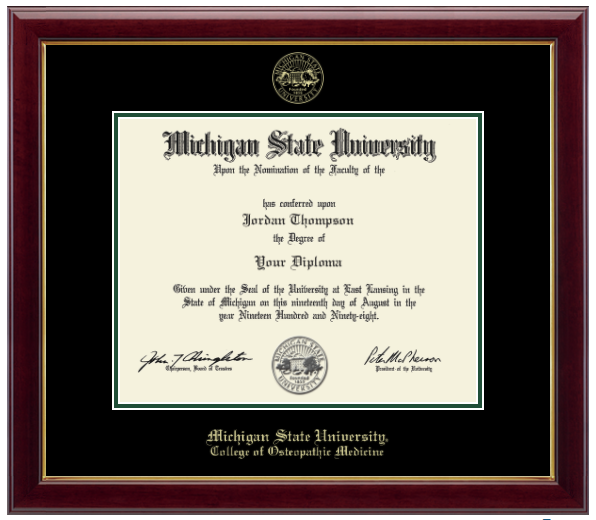 The diploma is enclosed in a dark wood frame with a black matte and green trim. 'Michigan State University' is printed in gold lettering at the bottom center of the frame. Below in gold lettering 'College of Osteopathic Medicine'