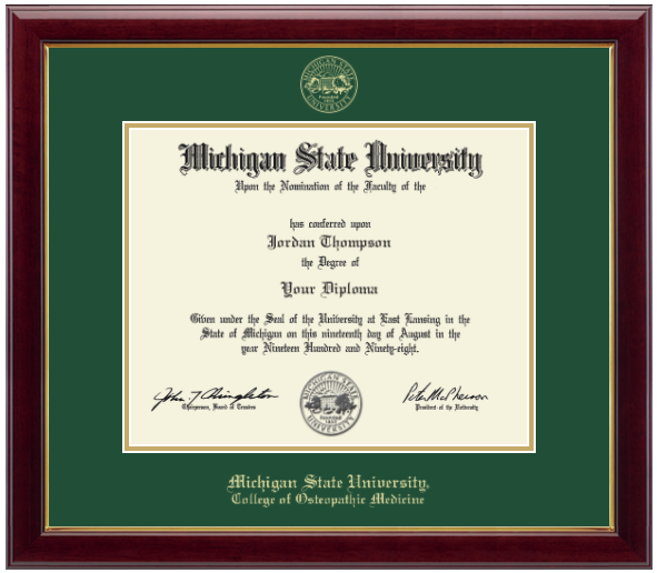 The diploma is enclosed in a dark wood frame with a green matte and gold trim. 'Michigan State University' is printed in gold lettering at the bottom center of the frame. Below in gold lettering 'College of Osteopathic Medicine'