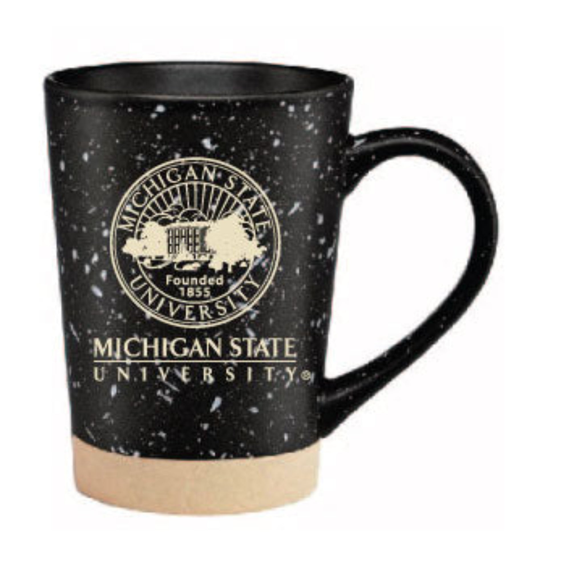 A black ceramic mug with a Michigan State University seal and a faux stone bottom.