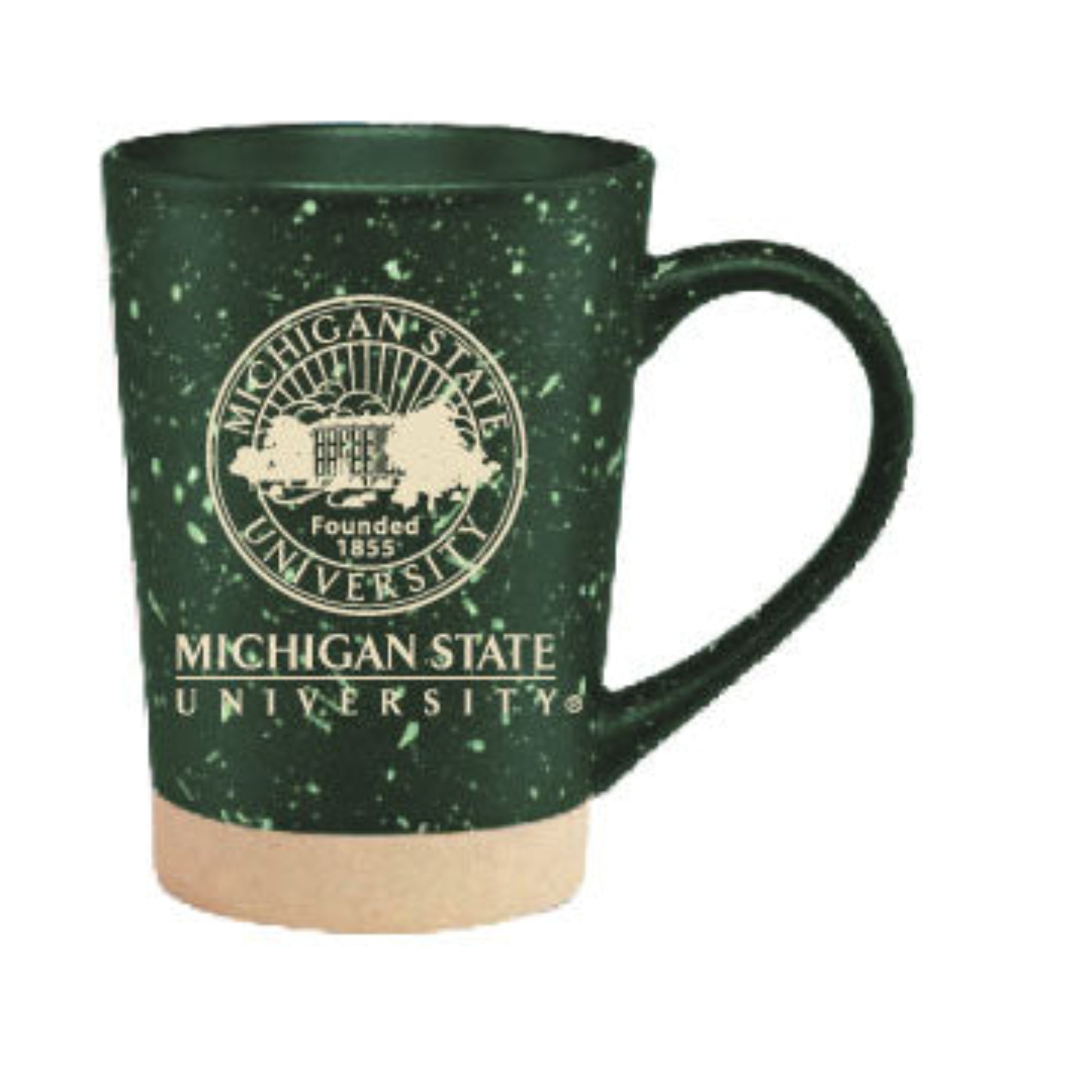 A green ceramic mug with a Michigan State University seal and a faux stone bottom.