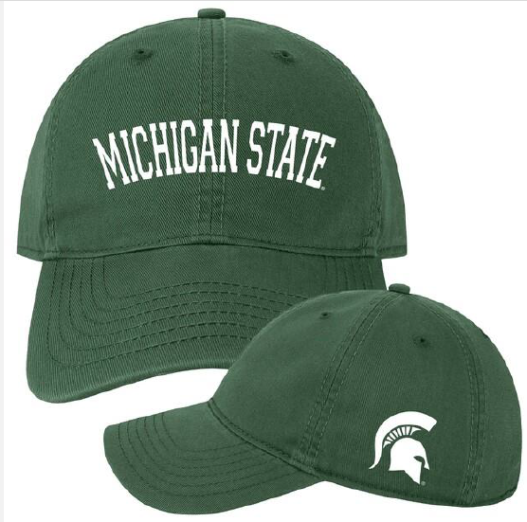 Two views of a green baseball cap that reads "Michigan State" in white on the front and features a white Spartan helmet on the side.
