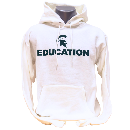 White hooded sweatshirt with green text that reads "Education" and a green Spartan Helmet logo above the text. Sweatshirt has a large pocket on the front and drawstrings on the hood. Shown on a mannequin.