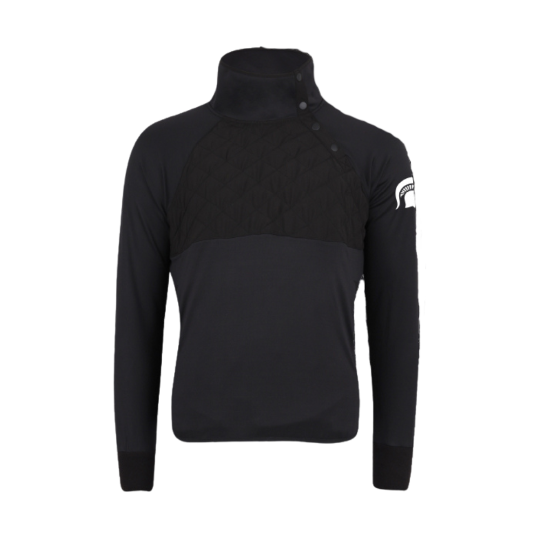 Black button up pullover with a white Spartan Helmet logo on the upper left sleeve. The buttons are situated on the left chest and go up to the collar. Shown on a white background.