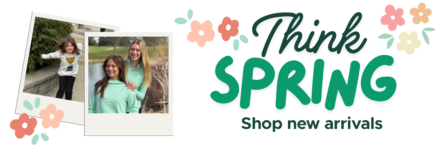 Promotional banner with 'Think Spring' text and two photos of a woman and child outdoors.