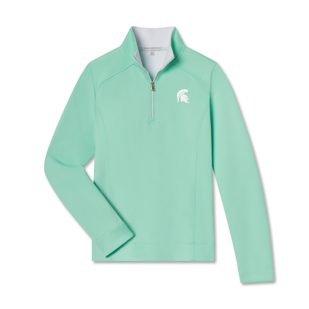 Mint green quarter-zip with a white Spartan helmet logo on the upper left chest. Shown on a white background.