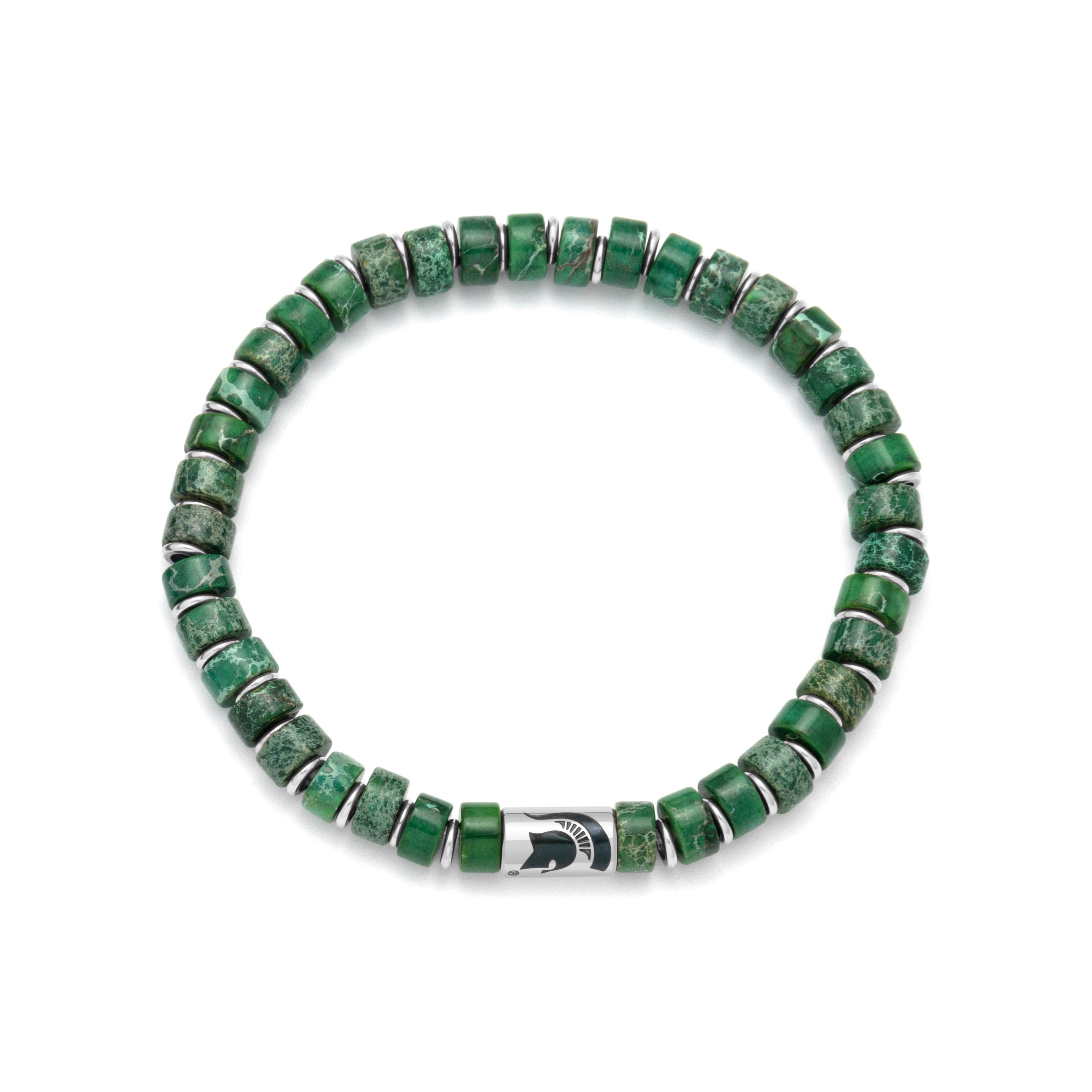 Green and black beaded bracelet with silver Spartan helmet charm.