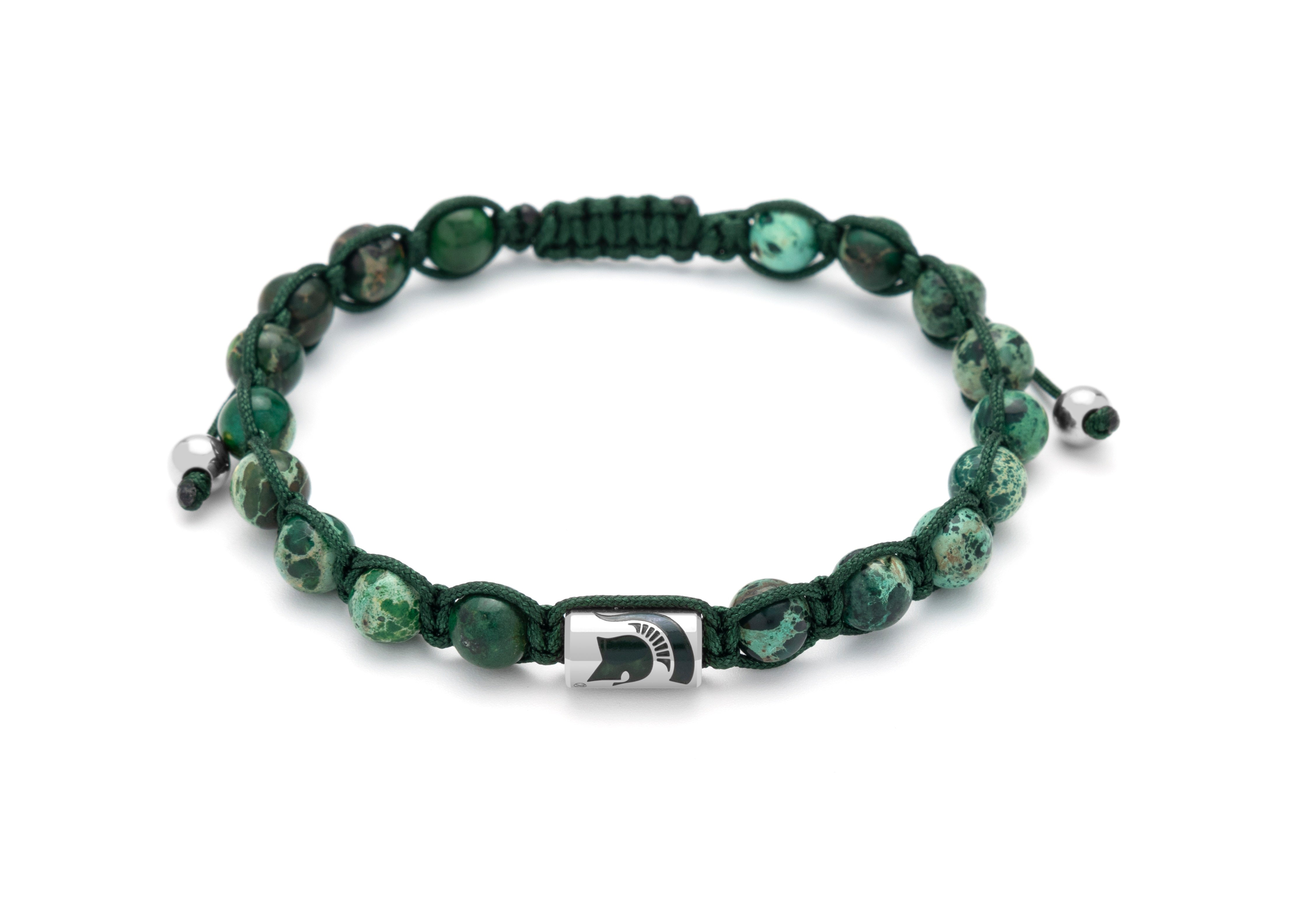 Green and black beaded bracelet with silver Spartan helmet charm.
