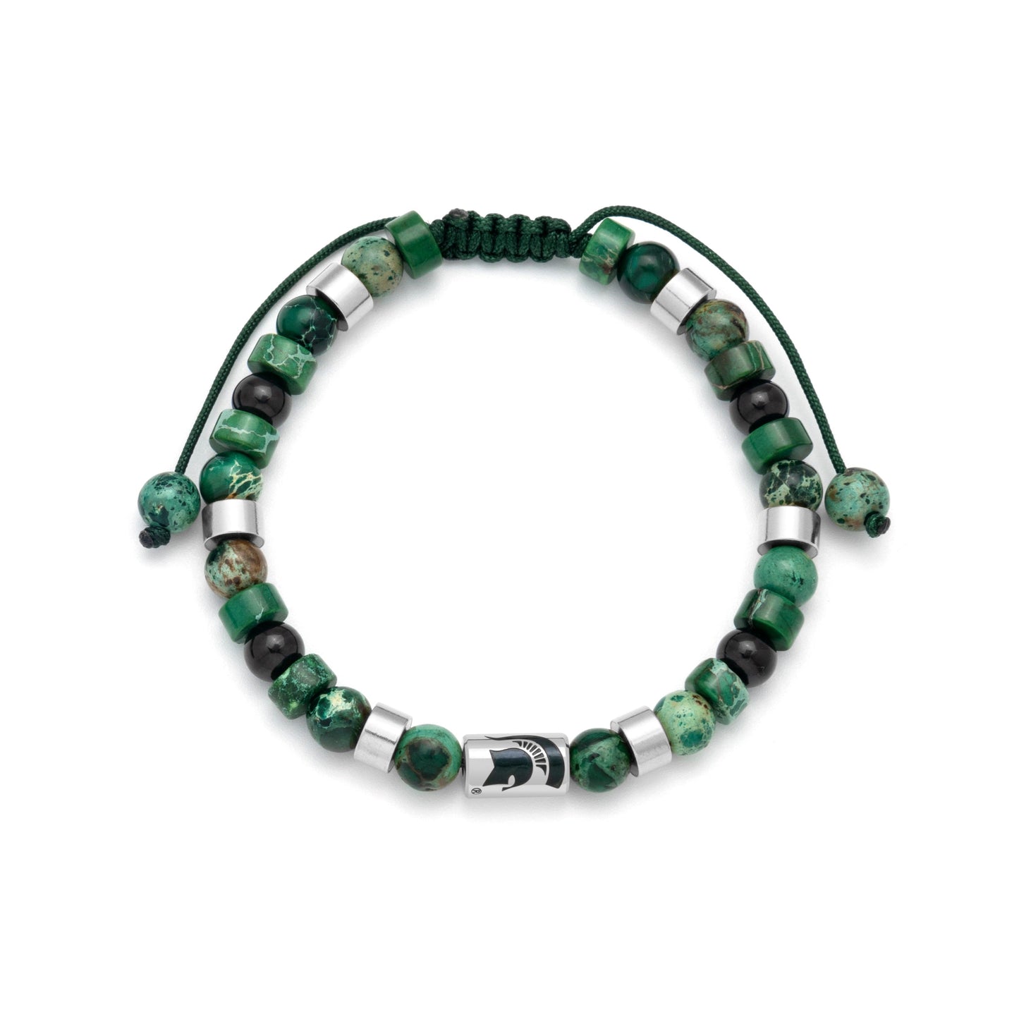 Green and black beaded bracelet with silver Spartan Helmet charm.