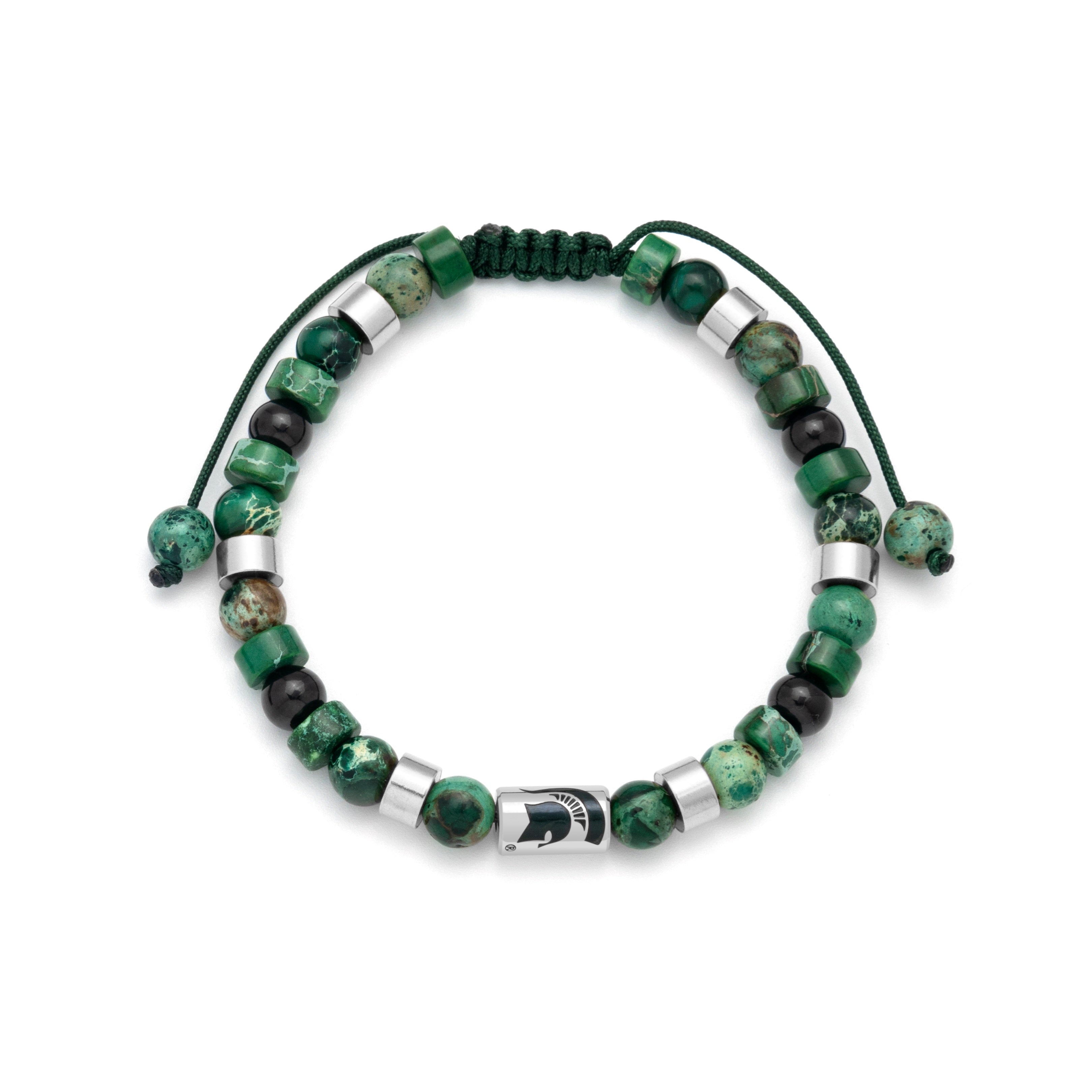 Green and black beaded bracelet with silver Spartan helmet charm.