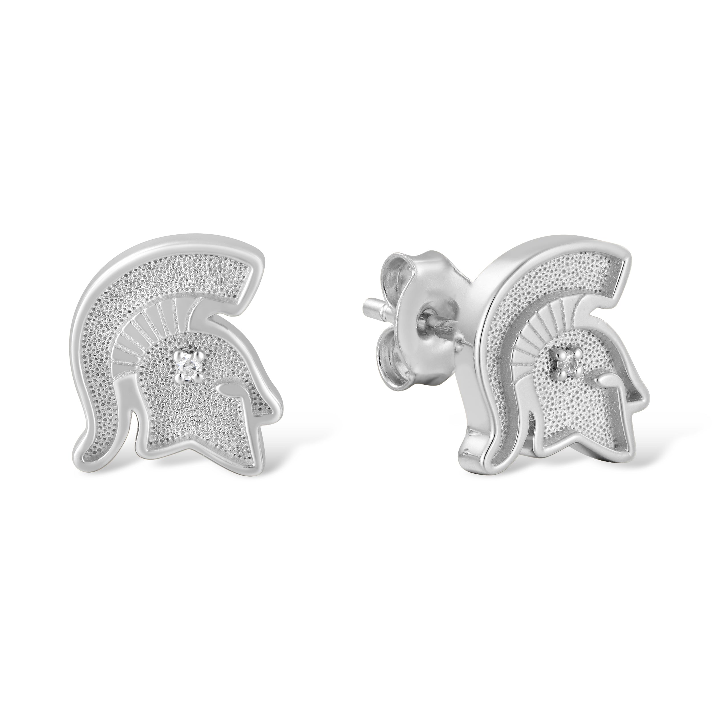 Silver Spartan helmet stud earrings with textured details and a small diamond.