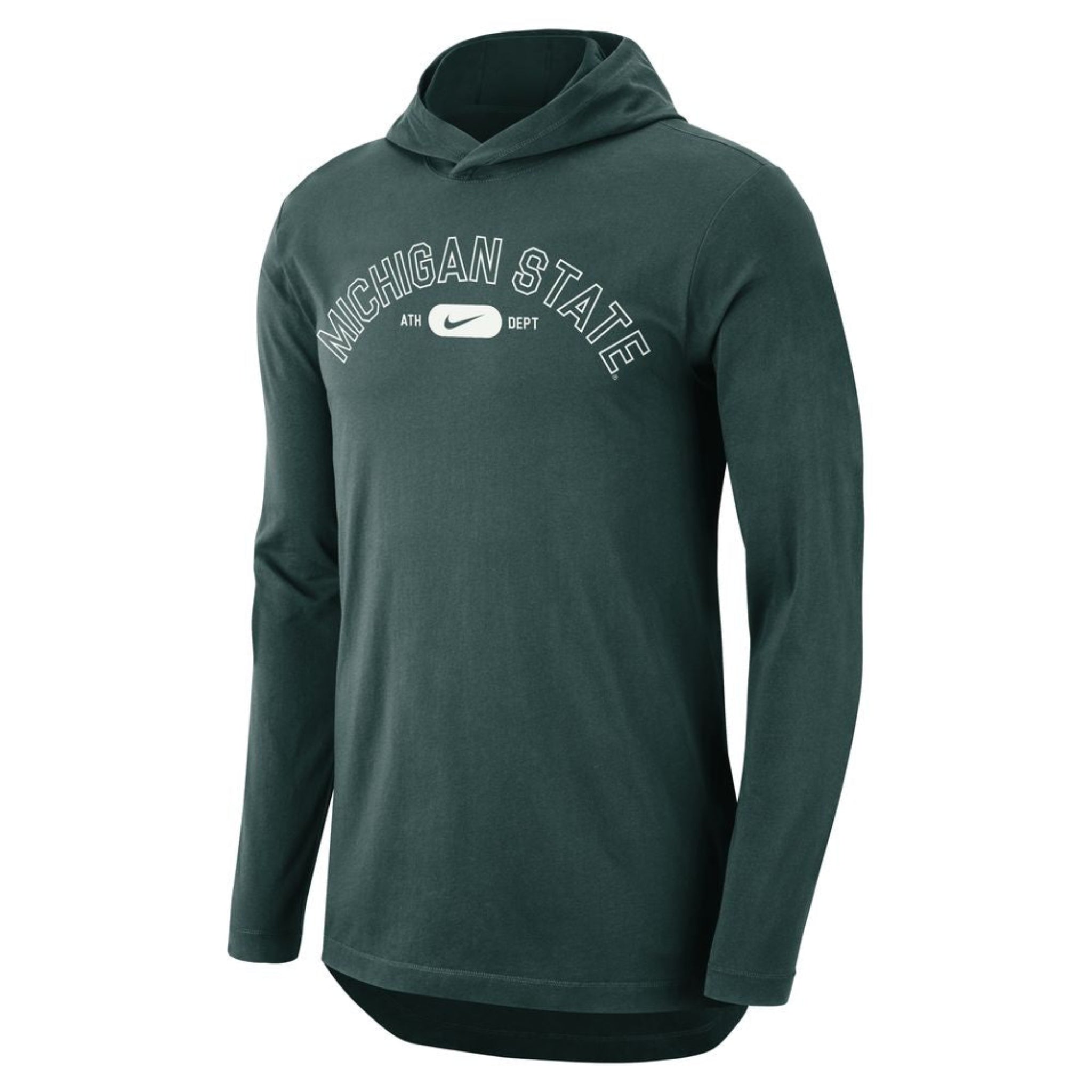 A green hoodie that reads "Michigan State" across the chest in white outline above a Nike swoosh.