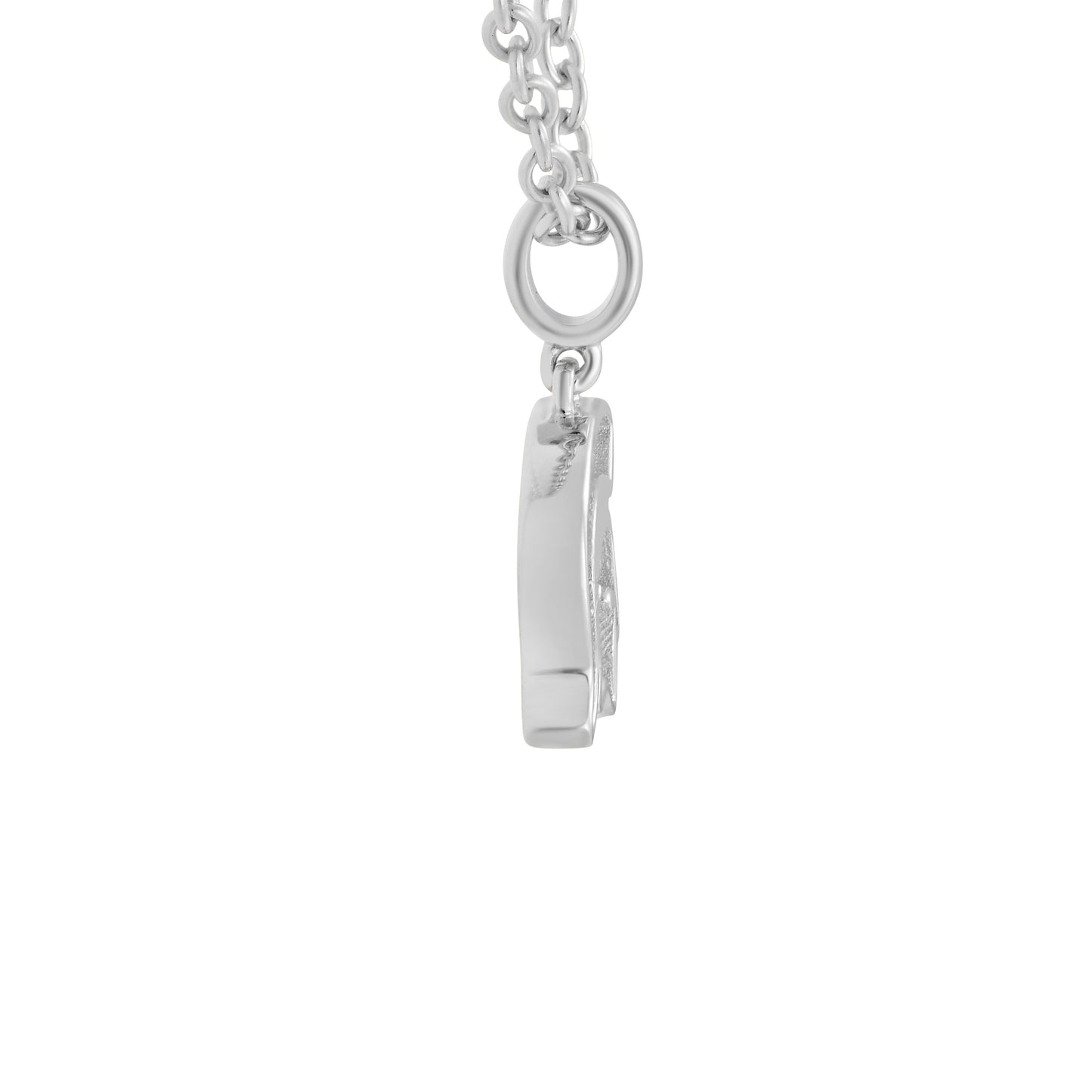 Side view of silver Spartan Helmet necklace with a round pendant. Shown on a white background.