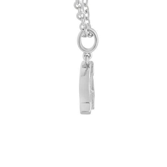 Side view of silver Spartan Helmet necklace with a round pendant. Shown on a white background.