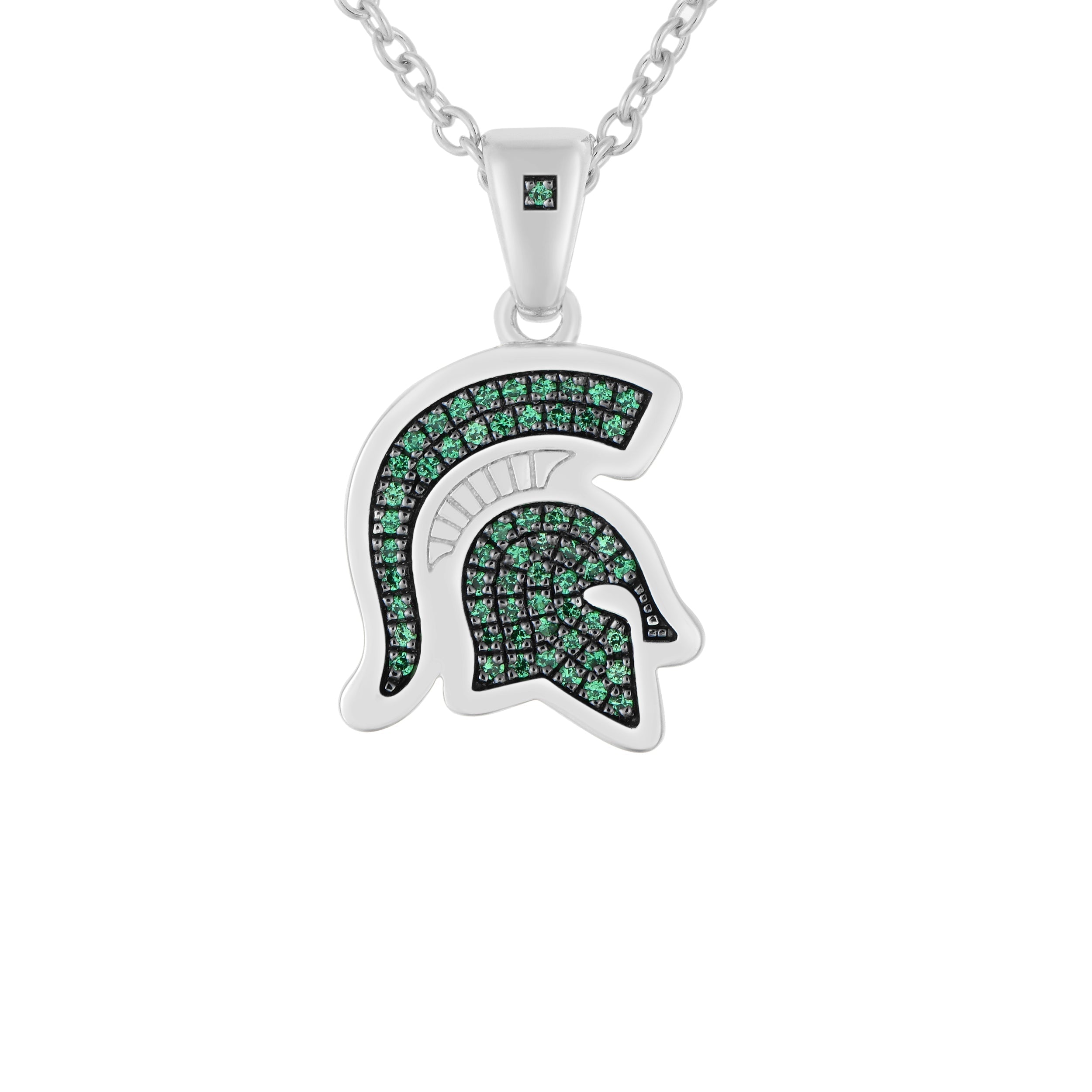 Silver Spartan helmet pendant with green emerald stones on a silver chain.