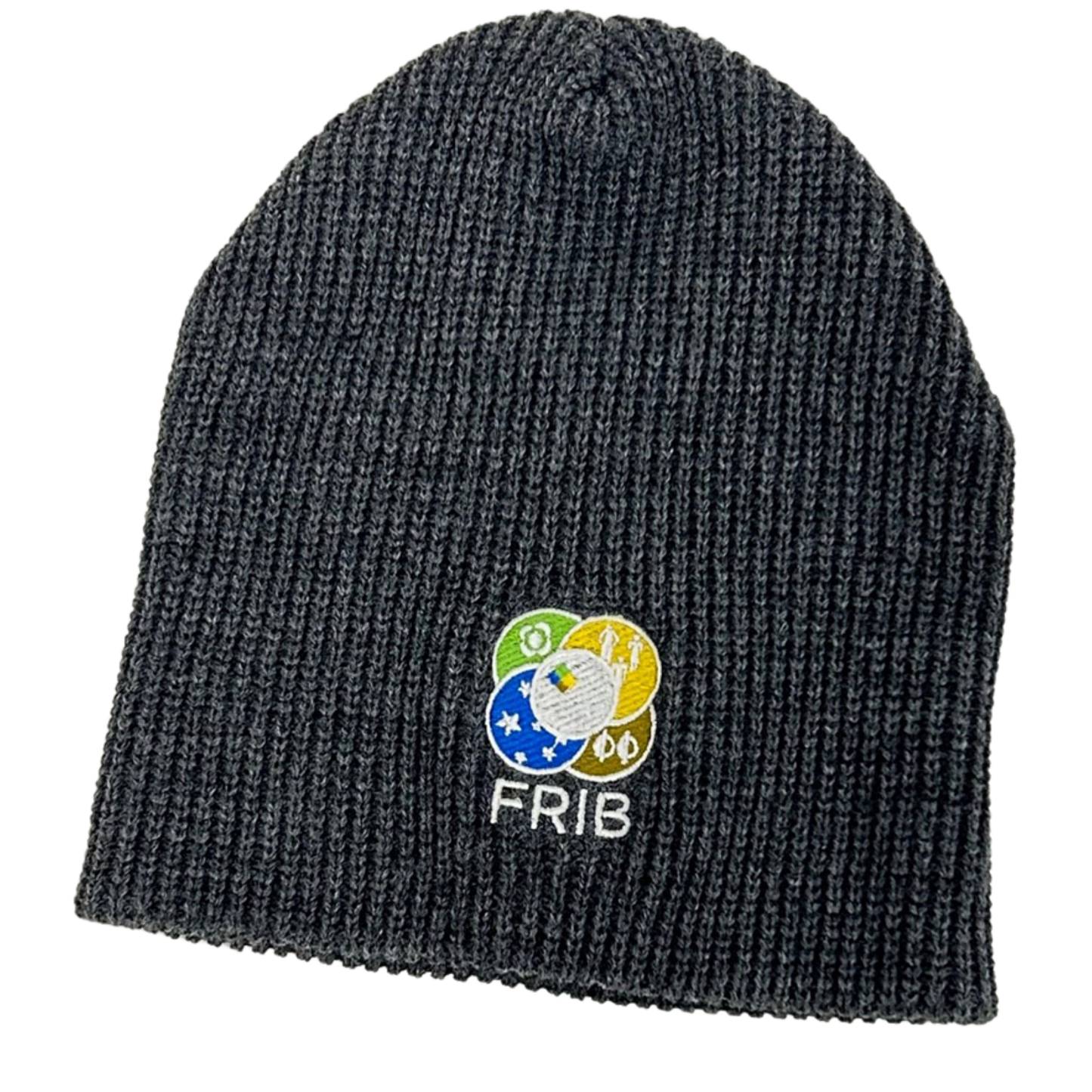 Dark gray ribbed knit beanie with a FRIB logo embroidered on the front.