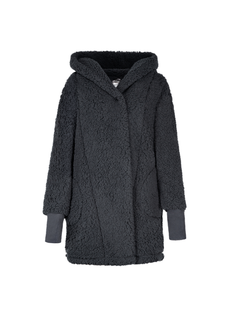 An oversized gray fleece lounger with a hood, thumbholes, and button closure.