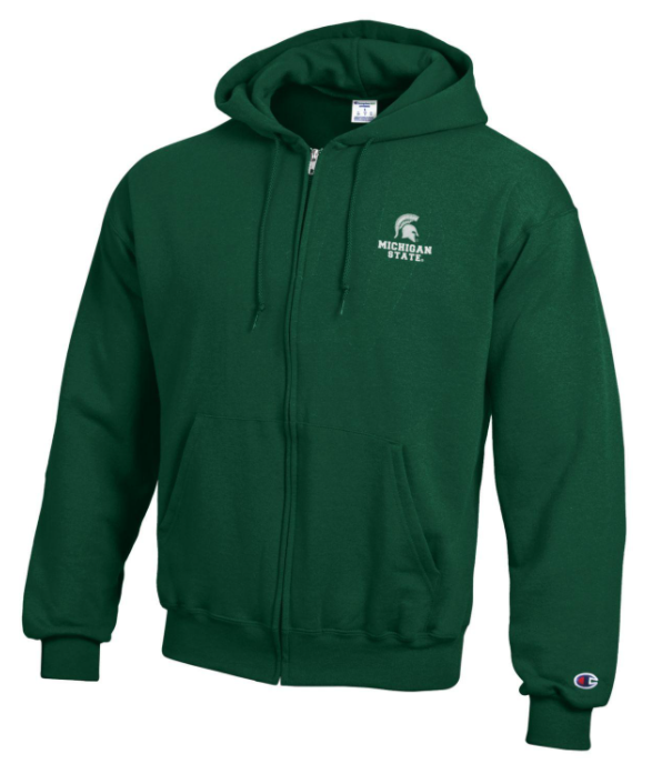 Green full-zip drawstring hoodie with a white Spartan helmet logo on the left upper chest and white "Michigan State" wordmark below it. There is a pocket on each side and Champion logo at the bottom of the left sleeve.