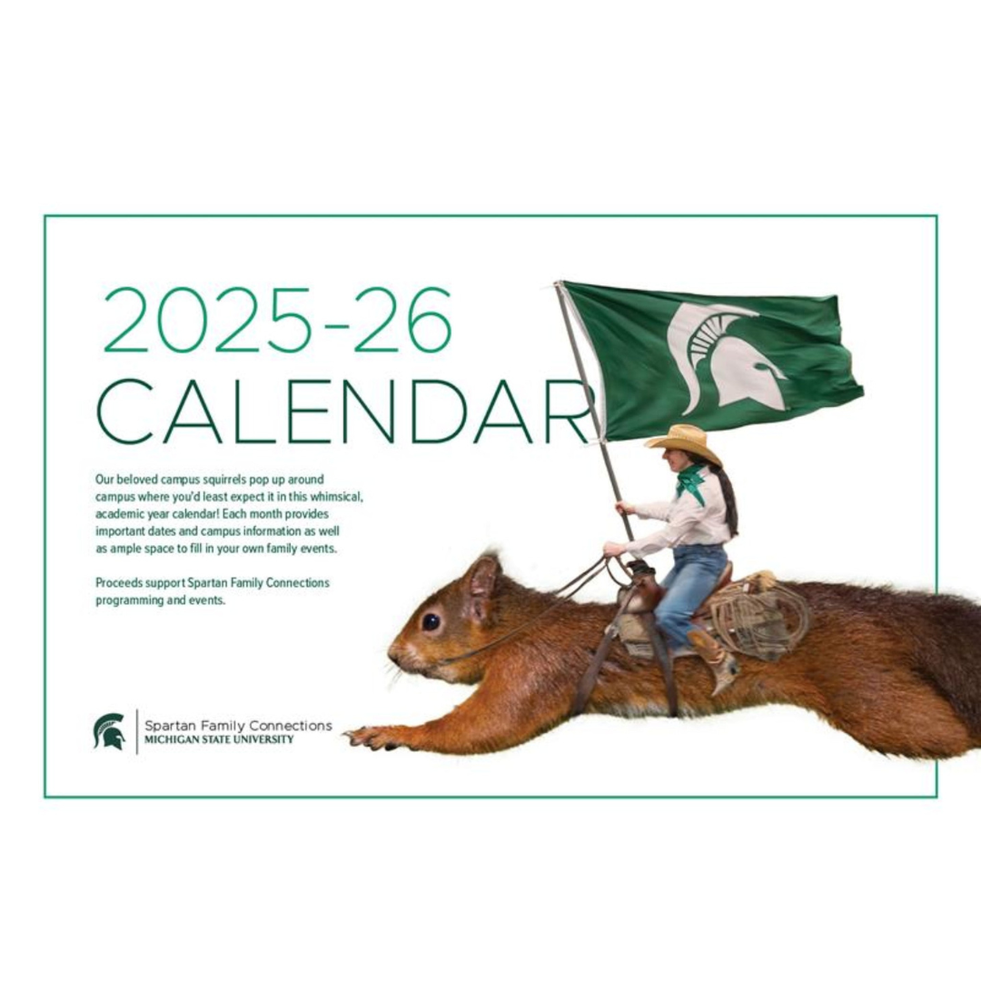 The cover of the 2025-26 calendar, which features an edited photo of a person holding a Spartan helmet flag riding on the back of a squirrel.